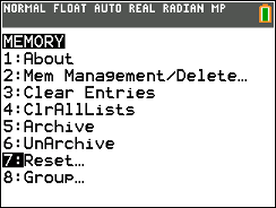 Reset Option in the Memory Menu